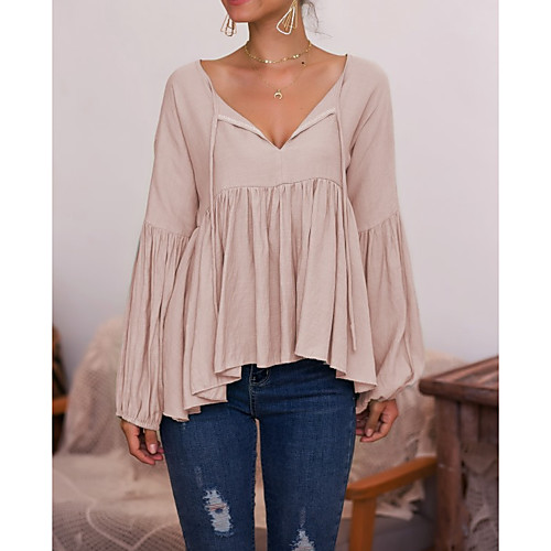 

Women's Blouse Shirt Solid Colored Long Sleeve V Neck Tops Basic Top Khaki Green