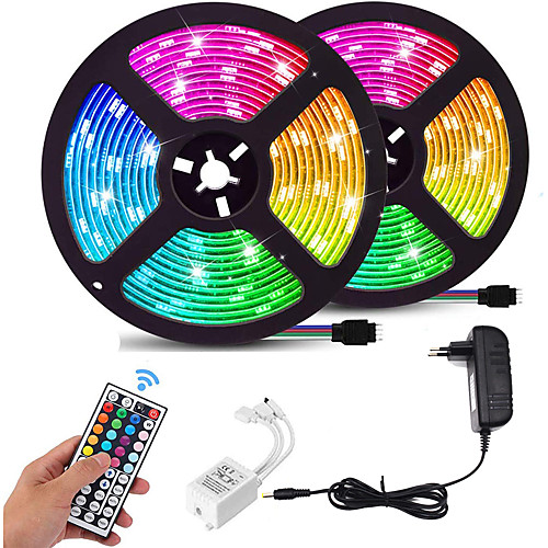

2x5M Light Sets RGB Strip Lights 600 LEDs SMD 2835 8mm 1 44Keys Remote Controller 1 DC Cables 1 X 12V 3A Power Supply 1 set RGB Christmas New Year's Waterproof Color Gradient TV Background 100-240 V