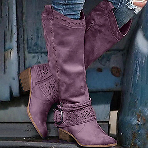 

Women's Boots Comfort Shoes Cowboy Western Boots Chunky Heel Pointed Toe Knee High Boots Vintage British Daily PU Solid Colored Pink Khaki Brown / Mid-Calf Boots