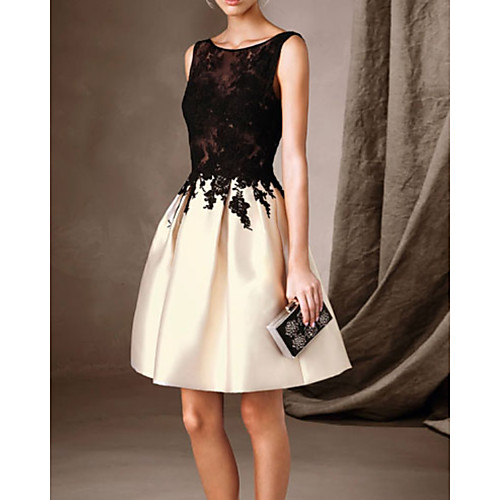 

A-Line Mother of the Bride Dress Elegant Jewel Neck Short / Mini Lace Satin Sleeveless with Embroidery Color Block 2021