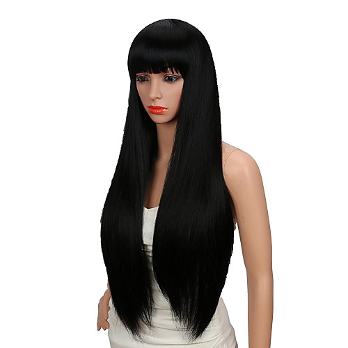 

Synthetic Wig kinky Straight With Bangs Wig Very Long Blonde Black Synthetic Hair 28 inch Women's Party New Arrival Comfortable Black