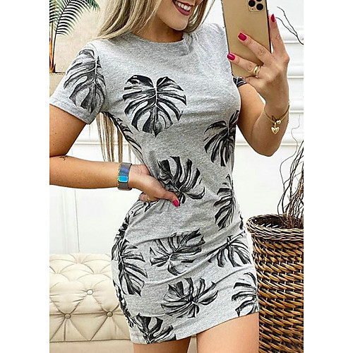 

Women's T Shirt Dress Tee Dress Short Mini Dress Gray Short Sleeve Floral Summer Round Neck Hot Casual Sexy 2021 S M L XL