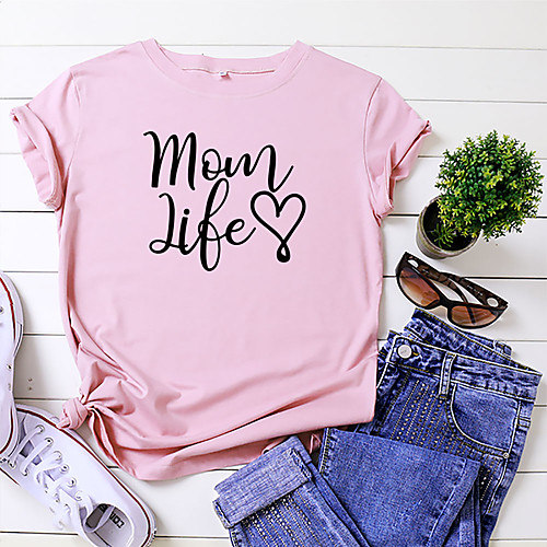 

Women's Mom T shirt Graphic Text Letter Print Round Neck Tops 100% Cotton Basic Basic Top White Yellow Blushing Pink