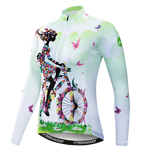 

21Grams Floral Botanical Women's Long Sleeve Cycling Jersey - Green Bike Jersey Top UV Resistant Breathable Quick Dry Sports Winter Elastane Terylene Polyester Taffeta Mountain Bike MTB Road Bike