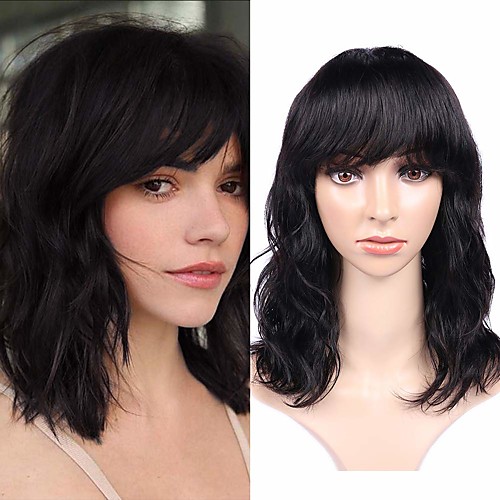 

Remy Human Hair Wig Short Medium Length Natural Wave Neat Bang Natural Black Party Women Easy dressing Machine Made Capless Brazilian Hair Malaysian Hair Women's Girls' Natural Black 12 inch