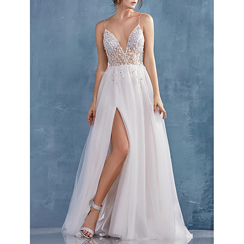 

A-Line Beautiful Back Sexy Engagement Formal Evening Dress V Neck Sleeveless Sweep / Brush Train Tulle with Crystals Split 2021