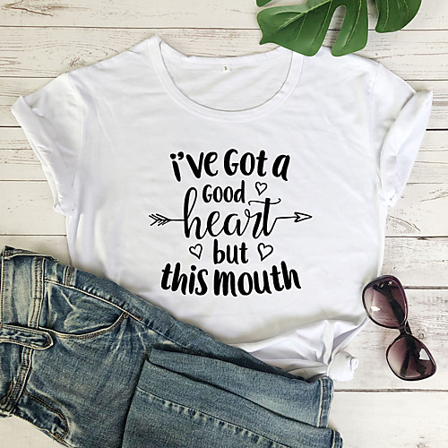 

Women's T shirt Graphic Heart Text Print Round Neck Tops 100% Cotton Basic Basic Top White Red Wine