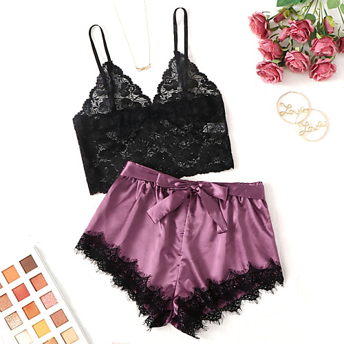 

Women's Backless Mesh Lace Suits Nightwear Embroidered Purple / Green S M L / Strap