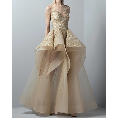

A-Line Elegant Floral Wedding Guest Prom Dress Illusion Neck Sleeveless Floor Length Tulle with Appliques 2021