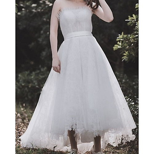 

A-Line Wedding Dresses Strapless Asymmetrical Tulle Sleeveless Country with Bow(s) 2021
