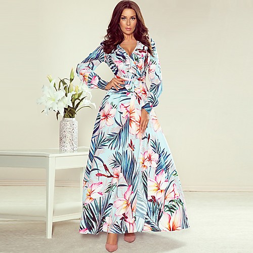 

Women's Sheath Dress Maxi long Dress Black Blue Beige Long Sleeve Floral Print Print Fall Spring V Neck Mumu 2021 S M L XL XXL