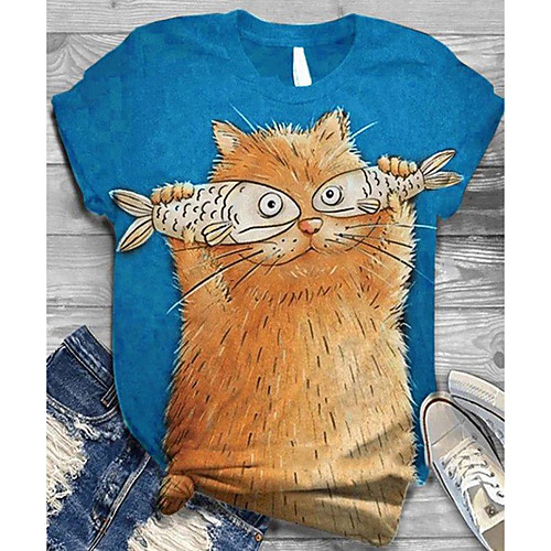 

Women's T shirt Animal Round Neck Tops Loose Cotton Basic Top Blue Brown Gray