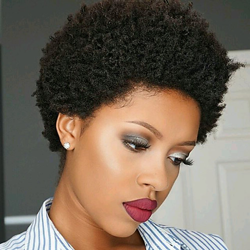 

Remy Human Hair Wig Short Afro Curly Side Part Natural Designers Cool African American Wig Capless Malaysian Hair Chinese Hair Women's Natural Black #1B Natural Black 6 inch