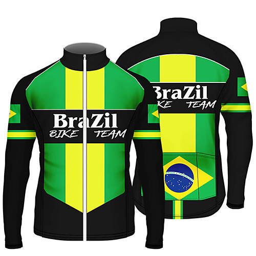 

21Grams Men's Long Sleeve Cycling Jersey Spandex Green / Black Stripes Brazil National Flag Bike Jersey Top Mountain Bike MTB Road Bike Cycling UV Resistant Quick Dry Breathable Sports Clothing