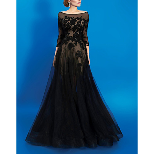 

A-Line Beautiful Back Floral Engagement Formal Evening Dress Jewel Neck 3/4 Length Sleeve Floor Length Tulle with Appliques 2021
