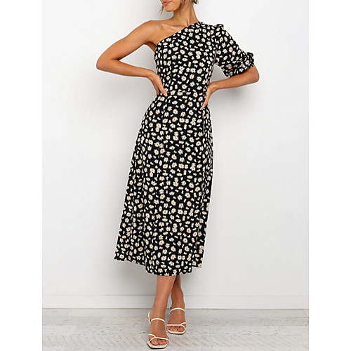

Women's Sundress Midi Dress Black Half Sleeve Floral Print Summer One Shoulder Mumu 2021 S M L XL