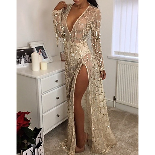 

Sheath / Column Sparkle Sexy Wedding Guest Formal Evening Dress V Neck Long Sleeve Sweep / Brush Train Lace Sequined with Sequin 2021