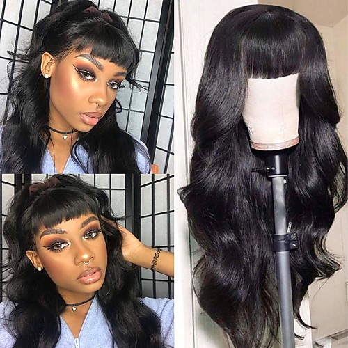 

Remy Human Hair Wig Long Body Wave With Bangs Natural Black Party Women New Arrival Brazilian Hair Women's Natural Black 16 inch / Natural Hairline / Natural Hairline