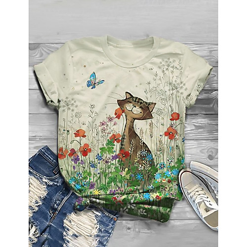 

Women's T shirt Floral Flower Animal Long Sleeve Print Round Neck Tops Basic Basic Top Beige