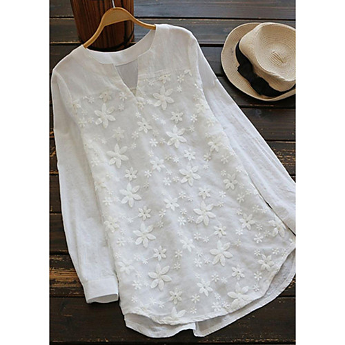 

Women's Blouse Shirt Floral Flower Long Sleeve V Neck Tops Basic Top White Blushing Pink Navy Blue