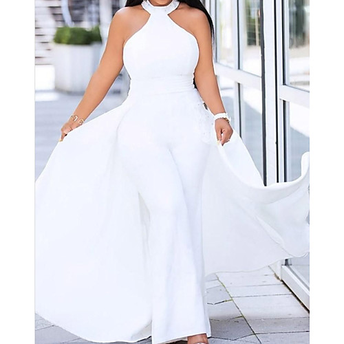 

Jumpsuits Plus Size Sexy Engagement Prom Dress Halter Neck Sleeveless Floor Length Satin with Sleek 2021