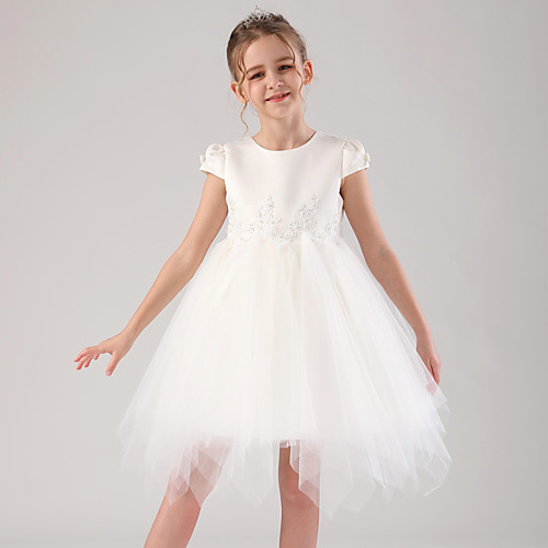 

Princess / Ball Gown Royal Length Train / Medium Length Wedding / Event / Party Flower Girl Dresses - Satin / Tulle Cap Sleeve Jewel Neck with Beading / Appliques / Tiered