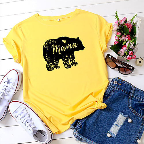 

Women's Mom T-shirt Animal Print Round Neck Tops 100% Cotton Basic Basic Top White Yellow Blushing Pink