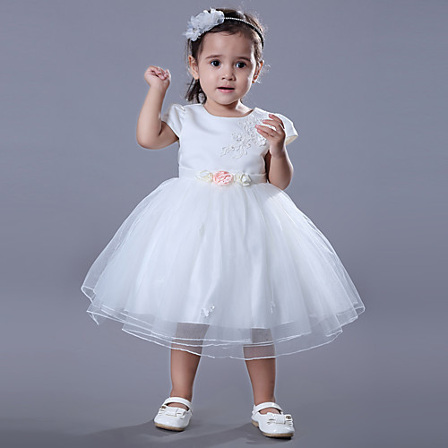 

Ball Gown Medium Length Wedding / Birthday Flower Girl Dresses - Satin / Tulle Short Sleeve Jewel Neck with Beading / Embroidery / Flower