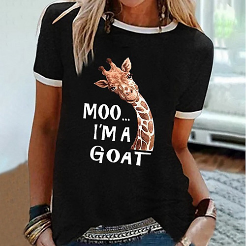 

Women's T shirt Letter Animal Round Neck Tops Basic Top Black Gray