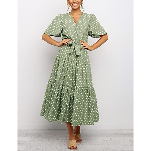 

Women's A Line Dress Midi Dress White Black Green Short Sleeve Polka Dot Summer V Neck Hot Vintage 2021 S M L XL XXL