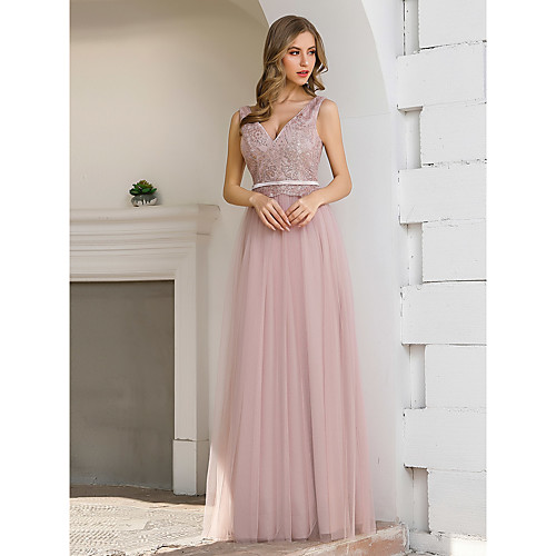 

A-Line Elegant Sexy Wedding Guest Formal Evening Dress V Neck Sleeveless Floor Length Satin Tulle with Sash / Ribbon Sequin 2021