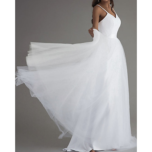 

A-Line Wedding Dresses V Neck Court Train Satin Tulle Sleeveless Simple Beach with 2021