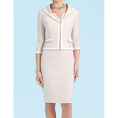 

Two Piece Sheath / Column Mother of the Bride Dress Elegant V Neck Knee Length Satin 3/4 Length Sleeve with Sash / Ribbon 2021