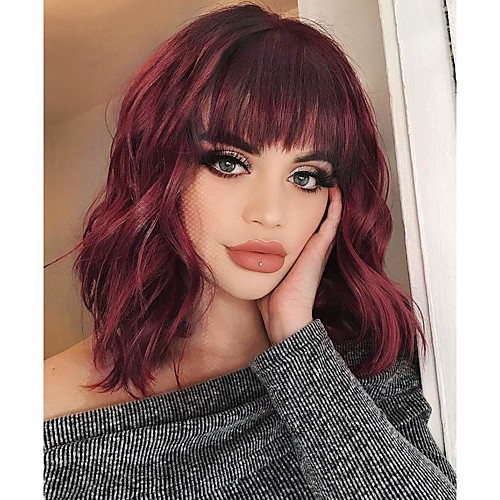 

Synthetic Wig Curly With Bangs Wig Burgundy Medium Length Wine Red Brown / Auburn Brown Natural Black #1B Medium Brown / Light Blonde Black / Brown Synthetic Hair 14 inch Women's Party Adorable