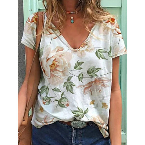

Women's T shirt Floral Flower V Neck Tops Basic Top White