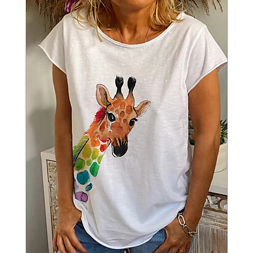 

Women's T shirt Animal Round Neck Tops Basic Top White Blue Yellow