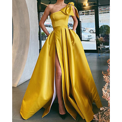 

A-Line Vintage Sexy Party Wear Formal Evening Dress One Shoulder Sleeveless Sweep / Brush Train Satin with Bow(s) Pleats Split 2021