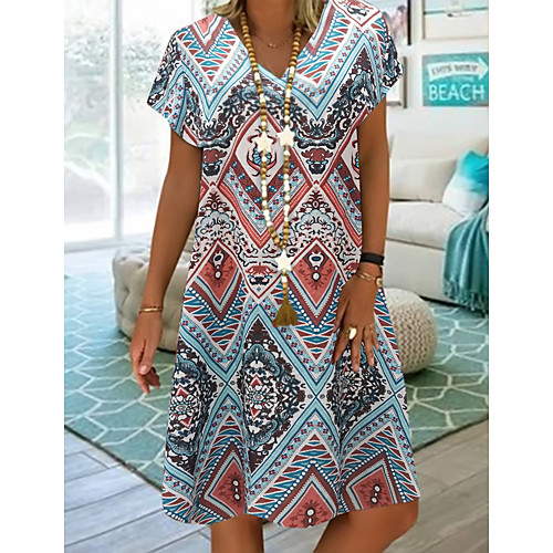 

Women's Plus Size A-Line Dress Knee Length Dress - Short Sleeve Tribal Print Summer V Neck Casual Vacation Loose 2020 Blue Red M L XL XXL XXXL XXXXL XXXXXL