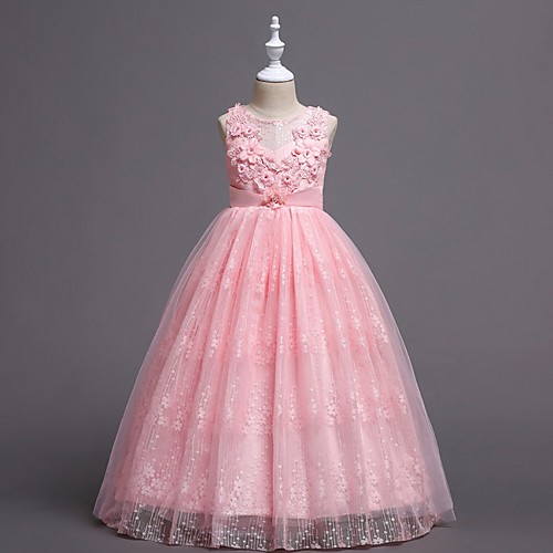 

Princess / Ball Gown Floor Length Party / Wedding Flower Girl Dresses - Tulle Sleeveless Jewel Neck with Bow(s) / Appliques