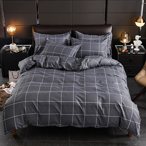 

Grey Plaid Print Brushed Microfiber Duvet Cover Set Lightweight Reversible Zipper Closure Soft 4Pcs Set(1 Duvet Cover 1 Bed Sheet 2 Pillow Shams)