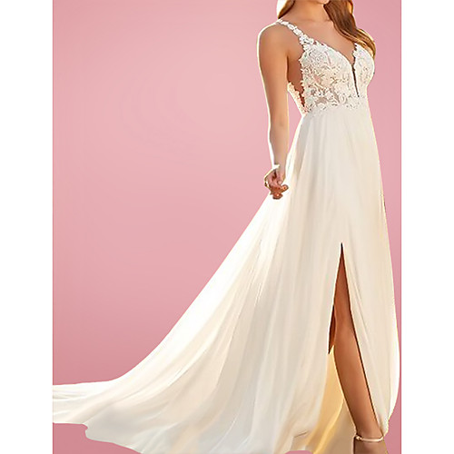 

A-Line Wedding Dresses V Neck Court Train Chiffon Lace Sleeveless Beach with Split Front 2021