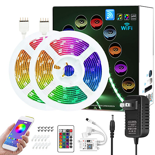 

Upgraded 32.8ft (2x5M) App Intelligent Control Led Strip Lights IR 24 Key WIFI Controller 5050 RGB Waterproof LED Soft light strip with Adapter Kit DC12V