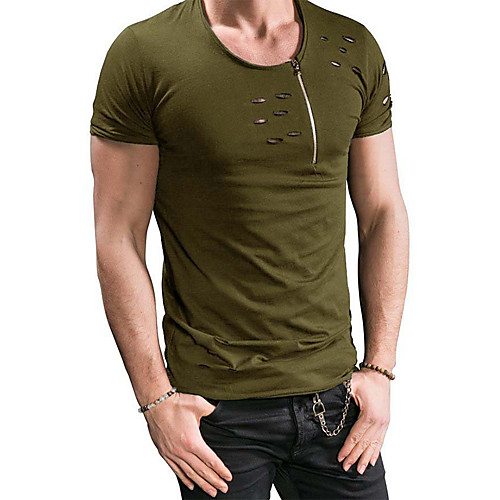 

Men's T shirt Solid Colored Cut Out Zipper Short Sleeve Daily Tops Streetwear Punk & Gothic White Black Wine