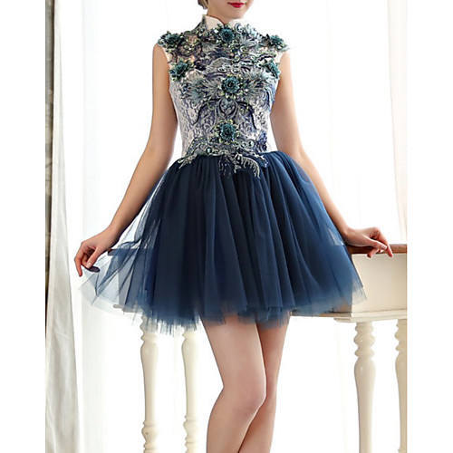 

A-Line Luxurious Elegant Cocktail Party Prom Dress High Neck Sleeveless Short / Mini Lace Tulle with Sequin Appliques 2021