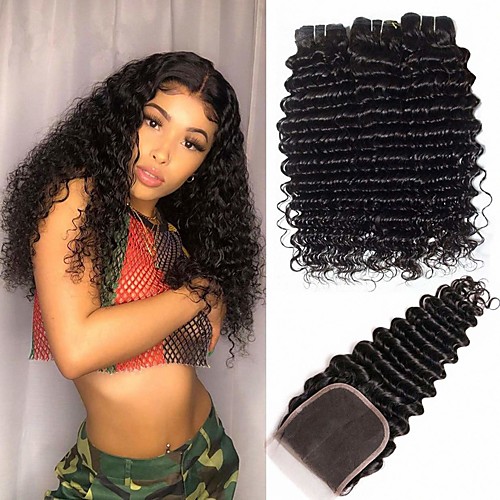 

3 Bundles with Closure Hair Weaves Peruvian Hair Deep Wave Human Hair Extensions Remy Human Hair 100% Remy Hair Weave Bundles 345 g Natural Color Hair Weaves / Hair Bulk Human Hair Extensions 8-24