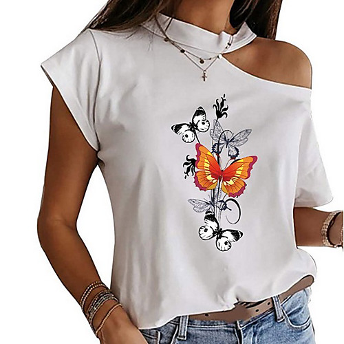 

Women's T shirt Floral Butterfly Flower Round Neck Tops Basic Top White Black Gray