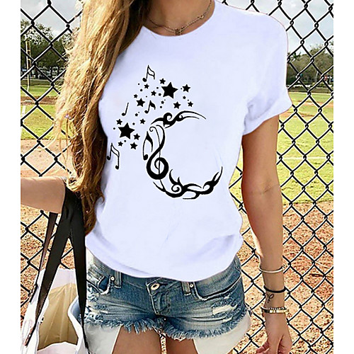 

Women's T shirt Graphic Prints Round Neck Tops 100% Cotton Basic Top White