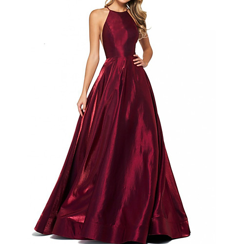 

A-Line Minimalist Elegant Engagement Formal Evening Dress Halter Neck Sleeveless Sweep / Brush Train Satin with Sleek 2021