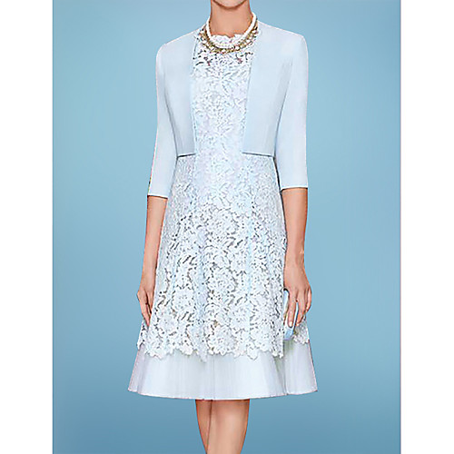 

Two Piece A-Line Mother of the Bride Dress Elegant Jewel Neck Tea Length Lace Satin 3/4 Length Sleeve with Embroidery 2021