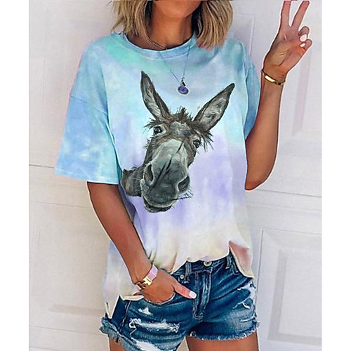 

Women's T shirt Animal Round Neck Tops Basic Top Purple Blushing Pink Green